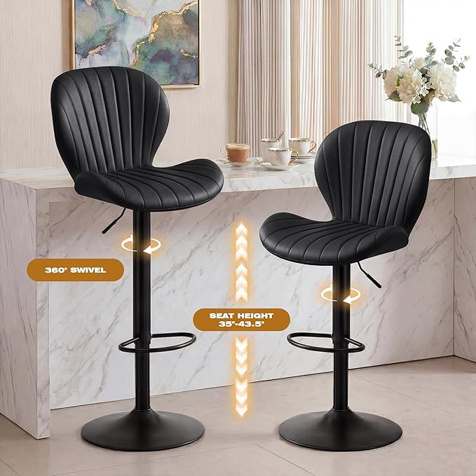GRUSIGN Bar Stools Set of 4, Modern Swivel Adjustable Bar Chairs, Faux Leather Upholstered Counter Height Bar Stools with Backrest, Comfort Barstools for Kitchen Island, Home Bar, Black