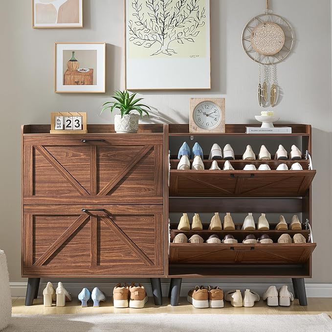 LEYAOYAO Shoe Cabinet Storage for Entryway with 2 Flip Drawers Rack Narrow Organizer Slim Hidden Wood Shoe Cabinet Furniture Walnut