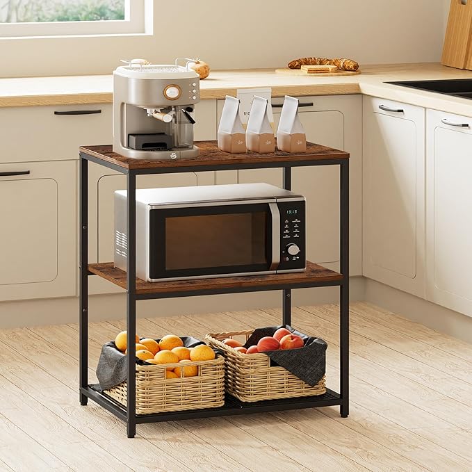 Homleke Kitchen Island with 3 Shelves, Kitchen Shelf with Large Workstation, Bakers Rack, Workbench, Metal Frame, Rustic Brown and Black