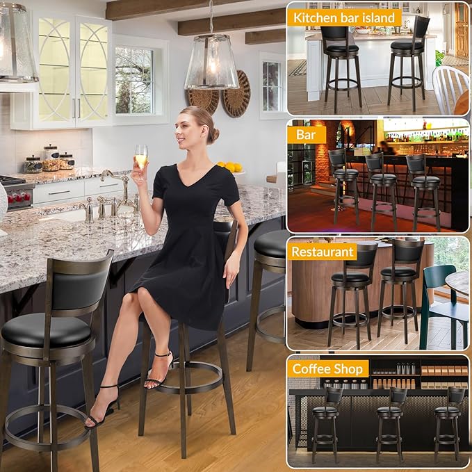 PrimeZone Swivel Bar Stools Set of 6, 30 Inch Bar Height Barstools, Black Faux Leather Bar Stool with High Backrest & Solid Wood Legs & Wrap-Around Footrest, Counter Stools for Kitchen Island, Pub