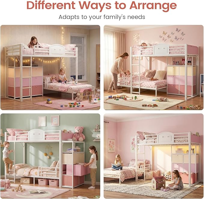 AOGLLATI Bunk Bed Twin Over Twin with 6 Storage Drawers for Kids Teens,Metal Led Loft Bed with Bedside Storage,Safety Guardrails for Small Space, No Box Spring Needed,White