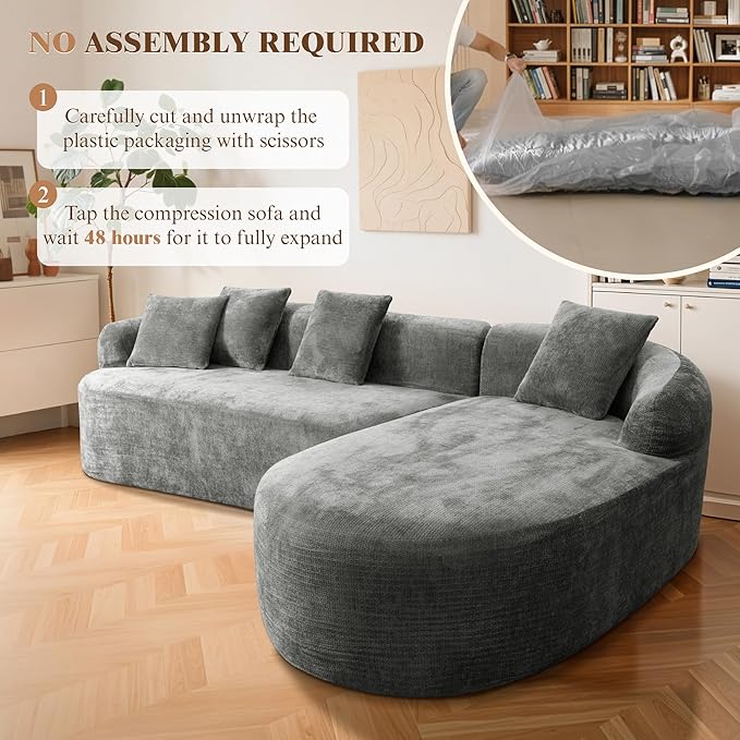 99" Curved Sectional Sofa with Chaise, Modern Boneless Couch with Deep Seat, L Shaped 3-Seater Cloud Couch for Living Room, No Assembly Needed, Chenille (Gray, Right Chaise+Left Sofa)