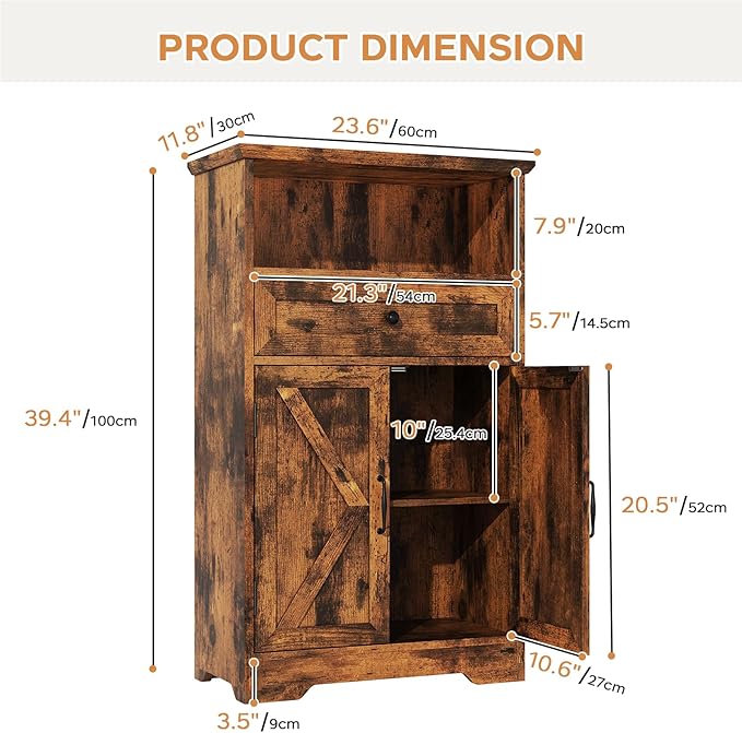 Floor Cabinet, Farmhouse Storage Cabinet with Barn Doors and Drawer, Freestanding Adjustable Shelf Organizer for Bathroom, Kitchen, Living Room Rustic Brown