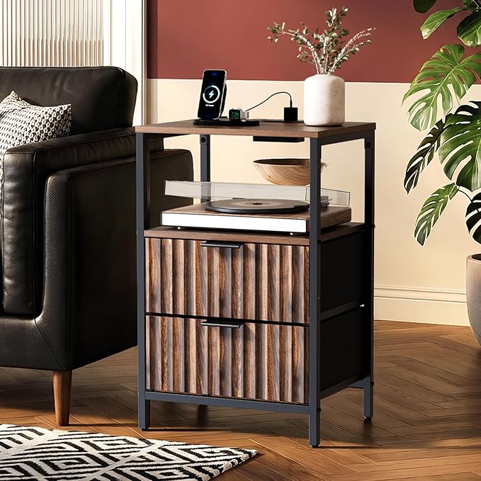 VINGLI Walnut Nightstand with Charging Station and Fabric Drawers, Fluted Nightstand with Drawers, Bedside Table/End Table with Charger Station, Side Table Bedroom, Small Night Stand Dark Walnut