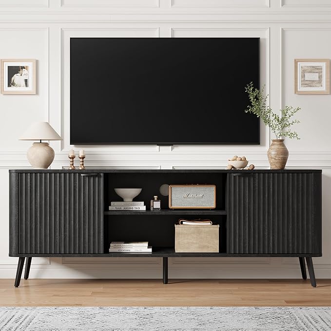 Fatmok TV Stand, 58" Modern Media TV Console Table with Storage for 55/60/65 inch TV, Mid Century Entertainment Center with Fluted Door Cabinets and Open Shelves TV Cabinet for Living Room, Bedroom