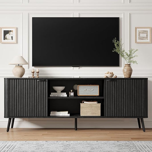 Fatmok TV Stand, 58" Modern Media TV Console Table with Storage for 55/60/65 inch TV, Mid Century Entertainment Center with Fluted Door Cabinets and Open Shelves TV Cabinet for Living Room, Bedroom