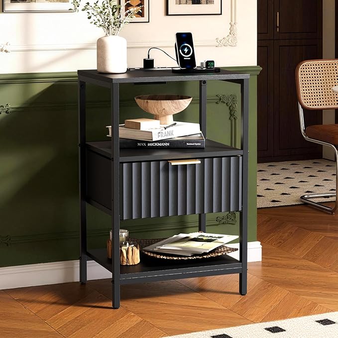 VINGLI Nightstand with Charging Station and Fabric Drawer, Fluted Night Stand with Drawer, Bedside Table/Small Night Stand with Charger Station for Bedroom, Dorm, 14.96" W*11.81" D*23.7" H, 1 pc