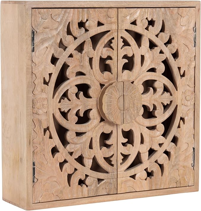 Kate and Laurel Saanvi Traditional Carved Wood Wall Cabinet; 20 x 6 x 20; Light Natural; Dimensional Over the Toilet Storage Cabinet for Bathroom Storage and Display