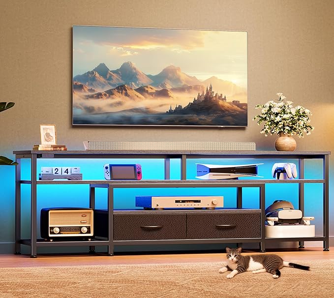 Huuger 63 Inch LED TV Stand for 65 70 Inch TV, Entertainment Center with Open Shelves and Power Outlets, TV Console for Living Room, Media Console with Drawers, Grey, 8779HC
