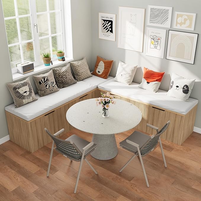 Bobve L-Shape Storage Bench with Cushion, Backless Corner Dining Bench, Kitchen Dining Nook Bench with Hidden Storage for Dining Room, Kitchen, Entryway (Natural Wood)