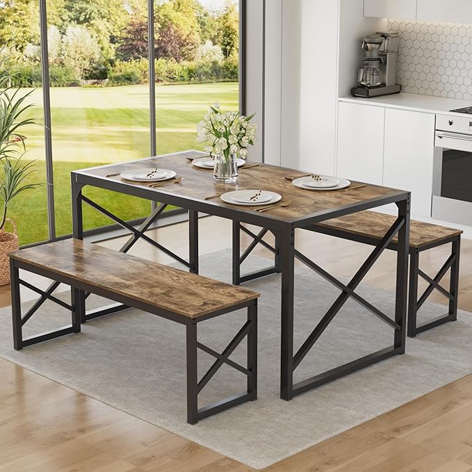 VECELO 55” Kitchen Dining Table Set for 4, Heavy-Duty Steel Frame & Wood-Grain Tabletop, Space-Saving Dinette Sets with 2 Benches for Breakfast Nook and Small Space, Grey