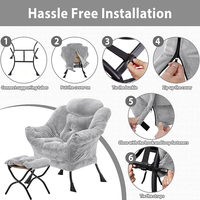 Youtanic Lazy Chair with Folding Ottoman, Accent Chair Plush Upholstered with Metal Structure and Non-Slip Pads, Sofa Armchair with Footrest and Side Storage Bag for Dorm, Room, Office, Light Gray