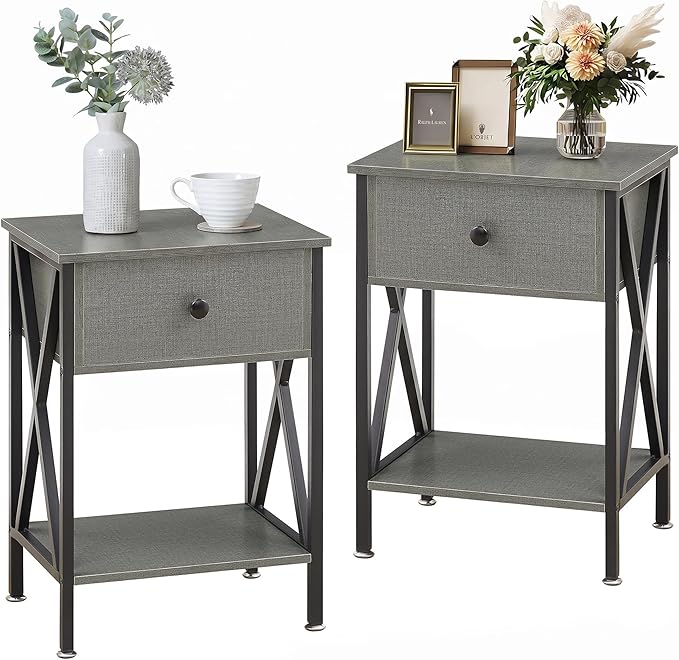 VECELO Nightstands Set of 2, Modern Bedside End Tables, Night Stands with Drawer and Storage Shelf for Living Room Bedroom, Industrial Metal Frame