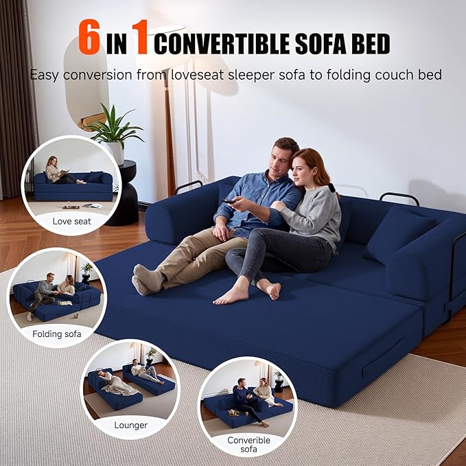 79" Compressed Sofa, Convertible Sofa Bed, Corduroy Compression Boneless Couch with Pillow, Comfy Modular Foldable Floor Sleeper Sofa for Bedroom, Living Room, Lounge, Studio (Dark Blue)