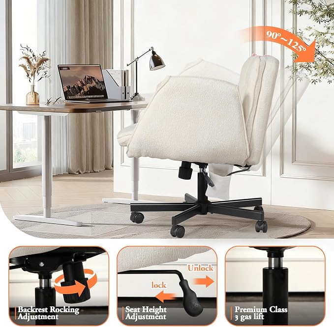 Criss Cross Chair with Lumbar Airbag & Folding Arms Relieve Back Pain, Wide Cross Legged Office Chair for Home Office, Comfy Swivel Desk Chair with Wheels, 5 Level Adjustable Armrest, Chenille(White)