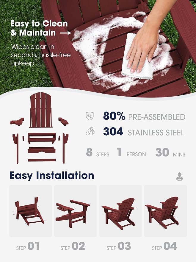 KINGYES Adjustable Folding Adirondack Chair with Footrest & 4-in-1 Multi-Functional Armrest Organizer Set of 2, HDPE Foldable Recliner Adirondack Chair with Pull-Out Ottoman, Red