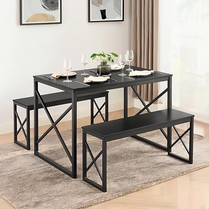 VECELO 43.3" Kitchen Dining Table Set for 4, Heavy-Duty Steel Frame & Wood-Grain Tabletop, Space-Saving Dinette Sets with 2 Benches for Breakfast Nook and Small Space, Black