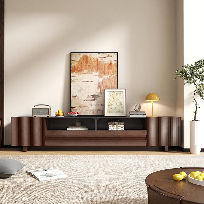 Epecoya 78.8 Inch TV Stand with Storage Cabinets for Living Room, TVs Media Console Entertainment Center with Drawers, Wood Fluted Television Stands with Open Shelves for Bedroom, Dark Brown Walnut