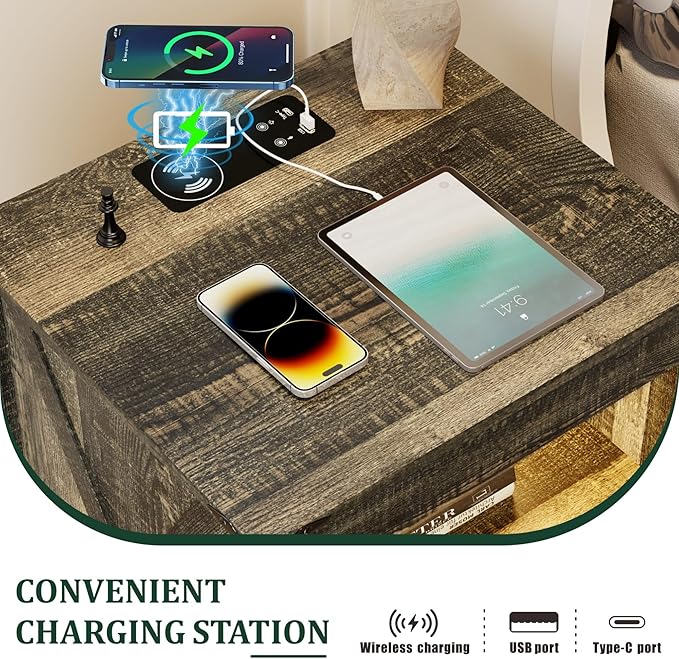 Night Stand with Gun Drawer, Bedside Table with Charger Station & LED Human Sensor Light, Gun Nightstand End Tables Bedroom Living Room, Rustic