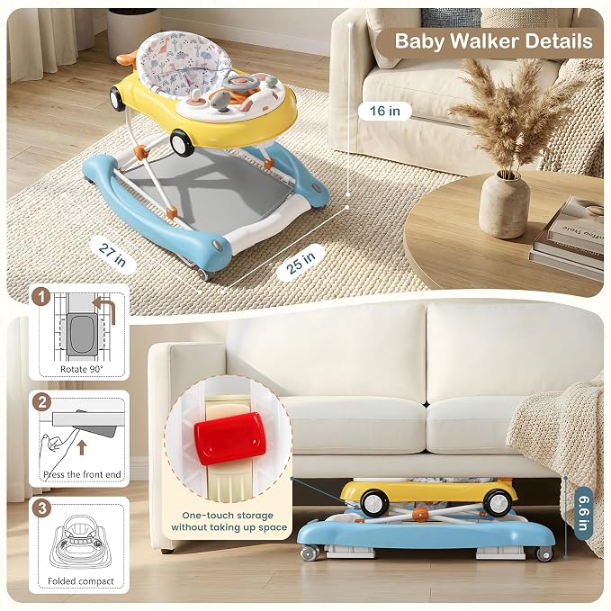Baby Walker, 5-in-1 Baby Walker for Boys and Girls with Bouncer, Removable Footrest, Music, Foldable & Adjustable Speed Wheels Activity Walker for 6-18 Months Toddler Infant(Yellow Blue)