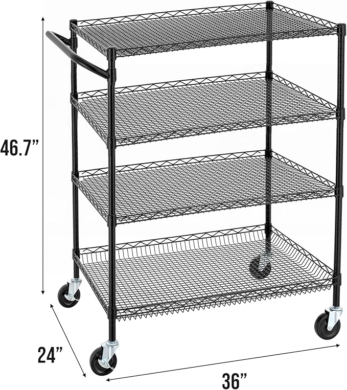 Finnhomy 4 Tier Heavy Duty Commercial Grade Rolling Cart with Handle Bar, Metal Wire Utility Cart with Wheels, Service Trolley on Wheels, Shelf Size 24" D x 36" W, NSF, Black