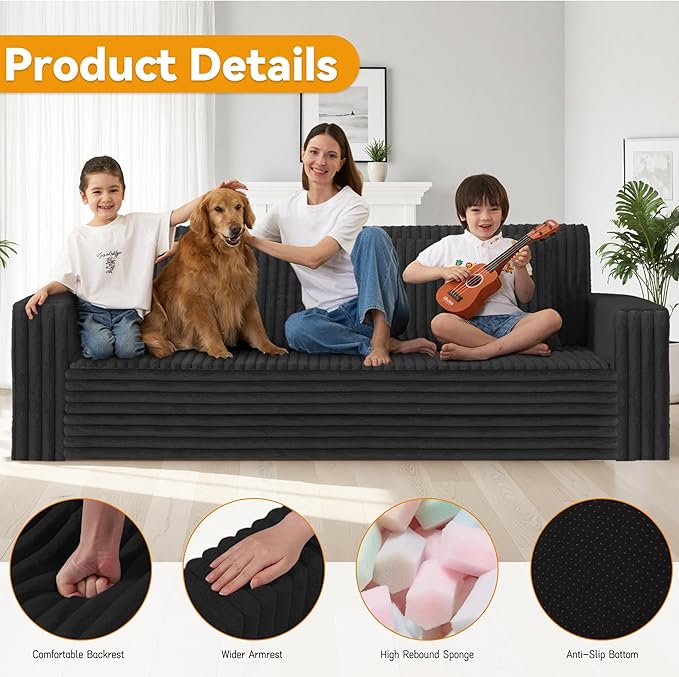 HABUTWAY 78" Loveseat Boneless Couch, 4-in-1 Convertible Sofa Bed, Plush Fur Folding Futon Sofa Bed Couches with 2 Pillows for Living Room, High-Density Foam Support, No Assembly Required, Black