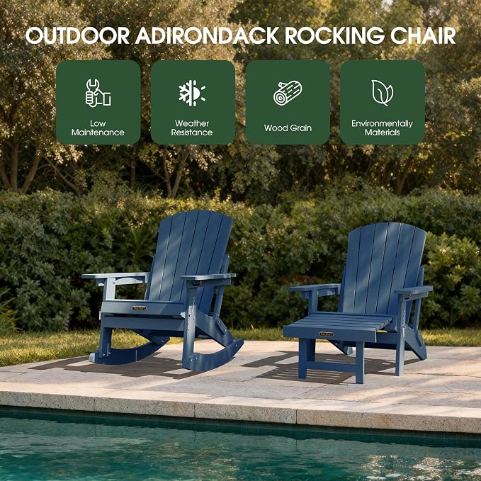 Adjustable Adirondack Rocking Chair Set of 2 with Retractable Ottoman Footrest, 4-in-1 Foldable HDPE Outdoor Rocker, Weather Resistant Adirondack Chair for Porch, Garden & Poolside, Navy Blue