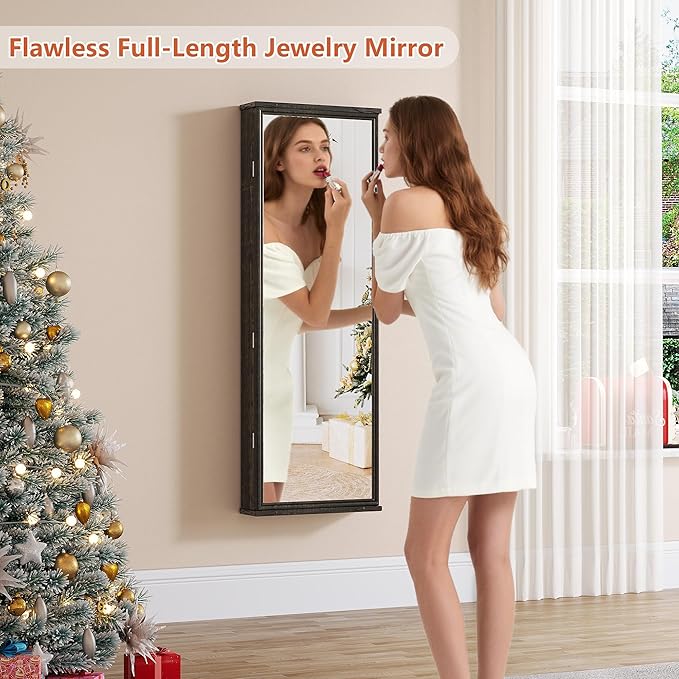 360° Swivel Jewelry Cabinet with Lights - RGB Vanity Mirror | Rotatable Full Length Mirror with Jewelry Storage, Standing Jewelry Armoire Organizer, Foldable Makeup Shelf, White (Dark Oak)