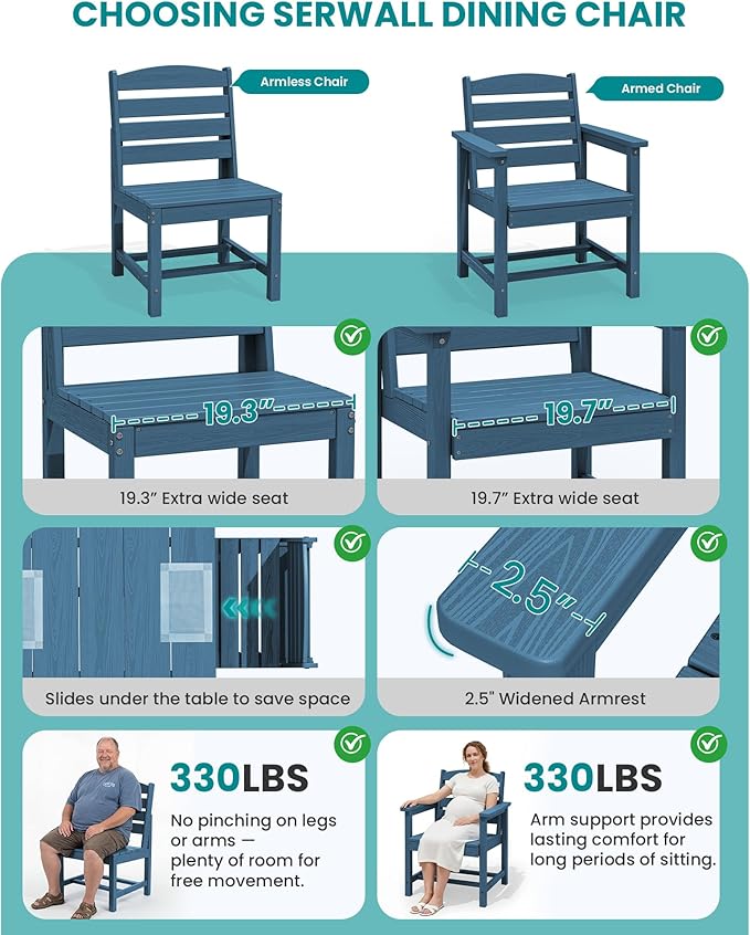 SERWALL Patio Dining Sets for 6 Person, HDPE Dining Set with 6 Armless Chairs, Blue