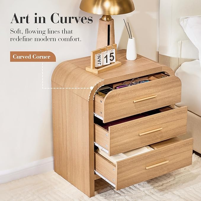 Farmhouse Nightstand Set of 2, 23.5" Curved Modern Night Stand with 3-Drawer, Bedside Table, End Table for Bedroom, Storage Cabinet Furniture, Oak