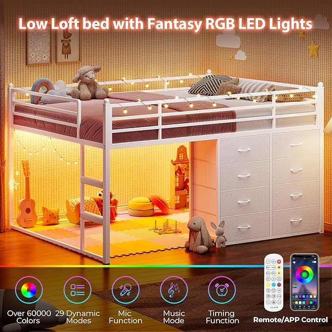 UPOSOJA Full Over Twin Bunk Bed with 8 Fabric Drawers, RGB LED Lights & Under-Bed Play Zone – F Over T Low Loft Bed with Soft Padded 2-Step Ladder, Space-Saving Bed for Kids, Teens (White, Full)