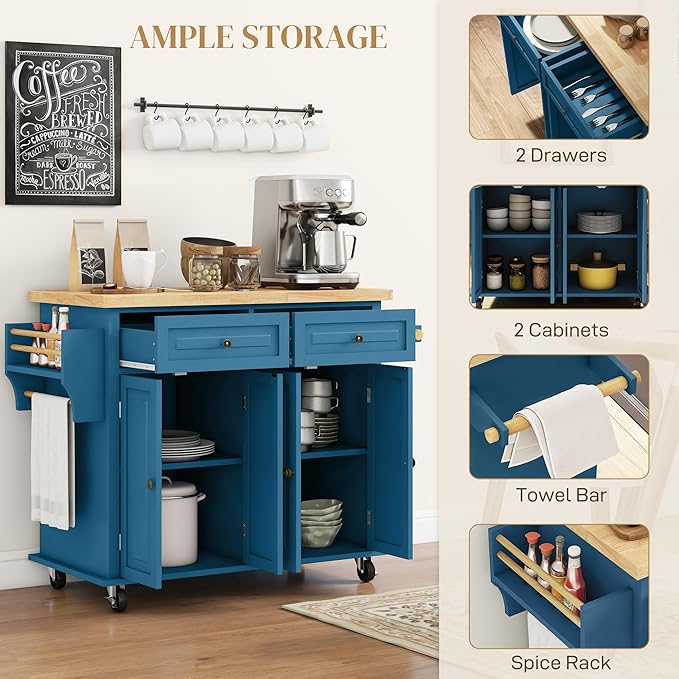 HOMCOM Kitchen Island Cart with Solid Wood Top, 44" Mobile Kitchen Island Table on Wheels with Storage Cabinets, 2 Drawers, Adjustable Shelves, Spice Rack & Towel Bar for Dining Room, Turquoise