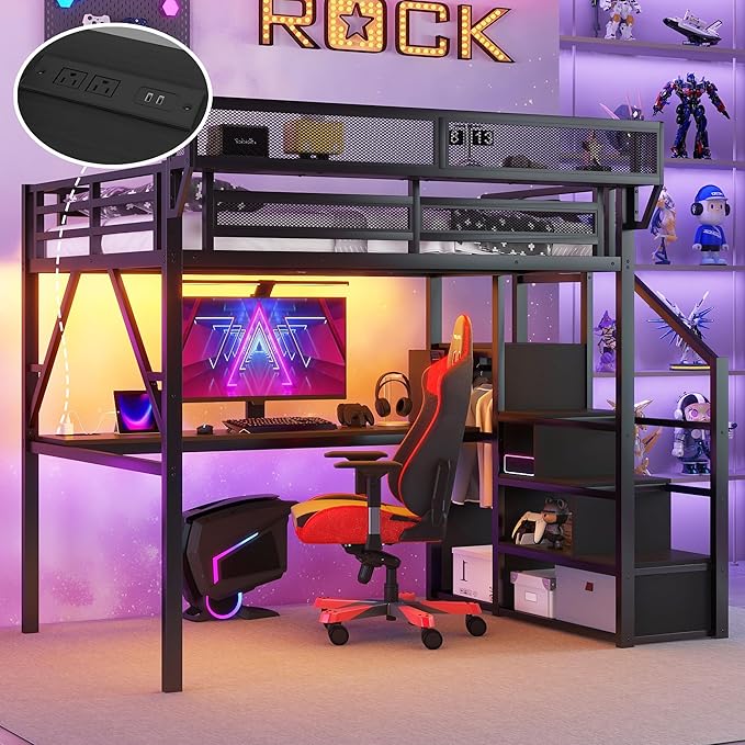 KEIKI Queen Size Metal Loft Bed Frame with Desk, Staircase, Built-in Storage Shelves and Wardrobe, Modern Loft Bed with Solid Slat, Guardrail, No Box Spring Required, Easy Assembly, for Bedroom, Black
