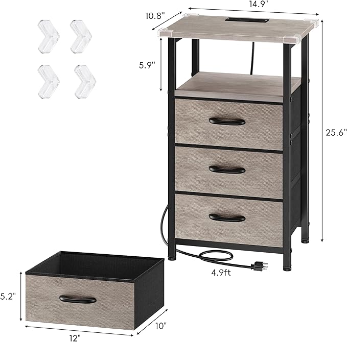 Vagusicc Nightstand Set of 2 with Charging Station, Bedside Table with USB Ports and Outlet, End Table Side Table with 3 Fabric Drawer and Storage Shelf, Bed Side Table Night Stand for Bedroom, Greige
