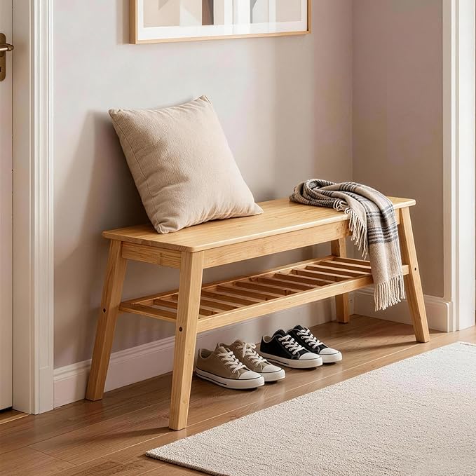 Nnewvante Bamboo Entryway Bench, 33.46" Indoor Storage Bench, Small Wood Benches for Living Room, Bedroom, Dining Room, Hallway, Outdoor Wooden Bench, Holds up to 300lbs