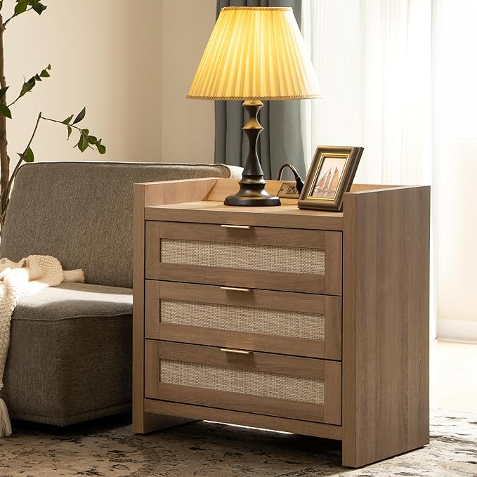 SICOTAS Larger Rattan Night Stand - Tall Nightstands with Type-C Charging Station, 3 Storage Drawers, Boho Bedside Table End Table with Storage for Bedroom Sofa Couch Office - Natural Oak