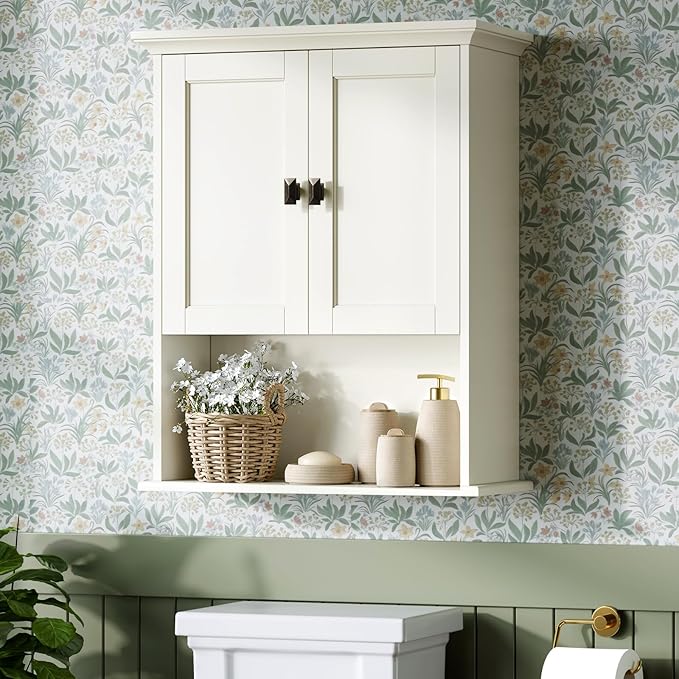Bathroom Wall Cabinet, Wooden Medicine Cabinet Over Toilet Storage Cabinet with Doors and Adjustable Shelf Wall Mounted Storage Organizer Cabinet Above Toilet (Cream White)
