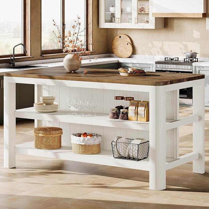 63-Inch Solid Wood Kitchen Island with Storage Shelves, Farmhouse Island Table with Seating, Counter Height Bar Table for Dining Room, Kitchen, Easy to Assemble, White and Brown