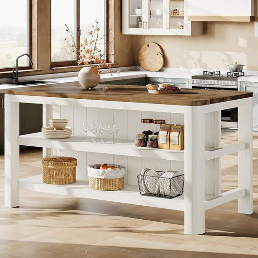 63-Inch Solid Wood Kitchen Island with Storage Shelves, Farmhouse Island Table with Seating, Counter Height Bar Table for Dining Room, Kitchen, Easy to Assemble, White and Brown