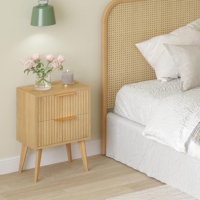 YAUKOMEL Fluted Nightstand,Small Bedside Table,Natural Wood Night Stand,Light Wood Side Table with Solid Wood Legs,End Table for Bedroom,Small Space 11.8" D x 15.7" W x 22.8" H Natural CTG55Y