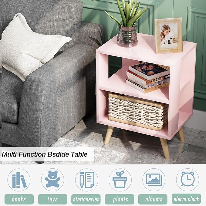 Aenuert Night Stand, Pink Kids Nightstand, Modern End Table with Open Storage, 2-Tier Nursery Bedside Table for Small Space, Living Room, Bedroom