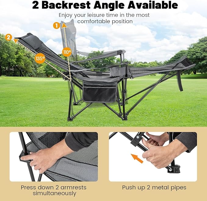 GYMAX Camping Chair, Adjustable Reclining Lounge Chair w/Removable Footrest, Padded Pillow, Cup Holder & Side Pocket, Folding Camping Mesh Chair w/Carry Bag for Outdoor Patio Lakeside (1, Grey)