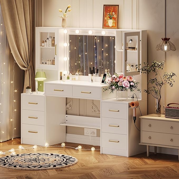 TOKSOM White Vanity Desk with Mirror, Lights & Charging Station, 58" 3 Lighting Modes Makeup Desk with 8 Drawers, 2 Cabinets and Lots Storage, Dressing Table Vanity Set with Lighted Mirror
