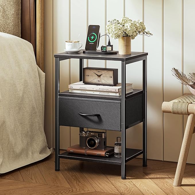 SUPERJARE Nightstand with Charging Station, Bed Side Table with Adjustable Fabric Drawer, Night Stand for Bedroom, 3-Tier Storage End Table, for Living Room, Black