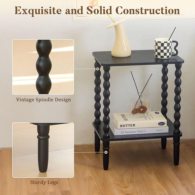Fultyle Black Side Table, Small End Table with 2-Tier Shelf, Vintage Night Stand with Storage for Bedroom Living Room, Small Spaces (Black)