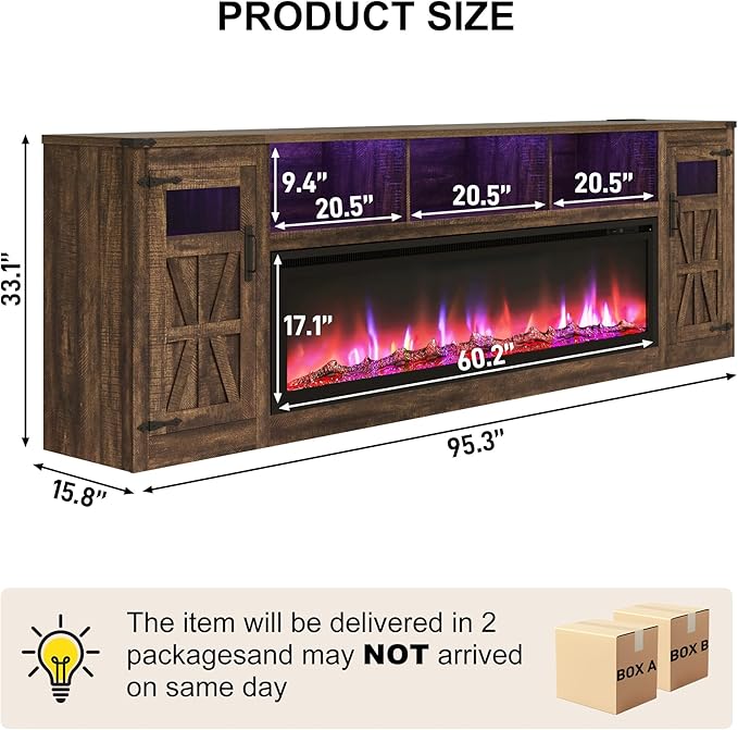 Fireplace TV Stand for 100 Inch TV, 95" Farmhouse Entertainment Center with 60" Electric Fireplace & LED Lights, Large Media Console for Living Room, Rustic Barn Doors, Power Outlets, Rustic Brown