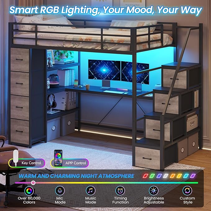 DICTAC Loft Bed Twin Size with Storage Stairs,Desk & Power Strips,Metal Twin Loft Bed with LED Lights,8 Storage Drawers & Open Shelves,Loft Beds for Kids,Teens,Adults with Safety Guardrail,Black+Grey