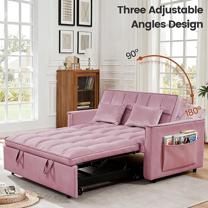 Convertible Sofa Bed, Pull Out Couch with Side Pockets, 3 in 1 Velvet Fabric Loveseat Sleeper Sofa Bed, Pull Out Couch with Adjustable Backrest for Living Room, Bedroom, Apartment, Pink
