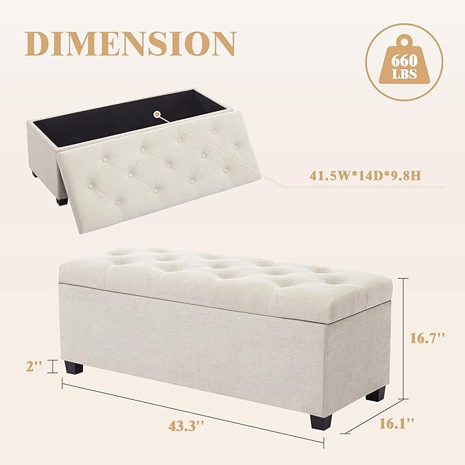 Mangodan 43 Inch Linen Storage Ottoman Bench, Foot Rest with Legs, End of Bed Bench, Storage Chest, Load up to 660 Lb, Ottoman with Storage Bench for Living Room, Bedroom, Entryway (Light Beige)