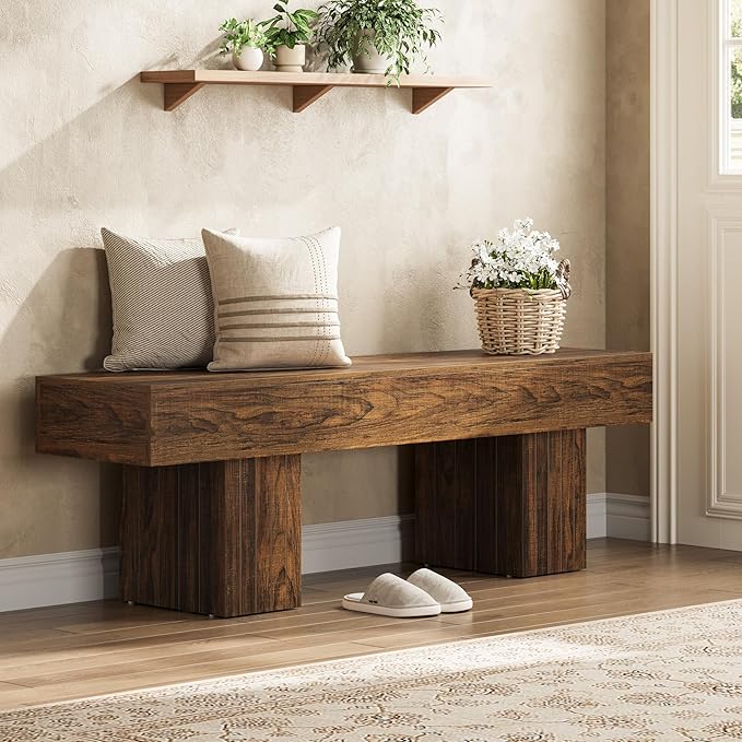 Tribesigns 55" Entryway Bench, Farmhouse Dining Bench with Broad Legs for Bedroom, Kitchen, Hallway, Rustic Brown